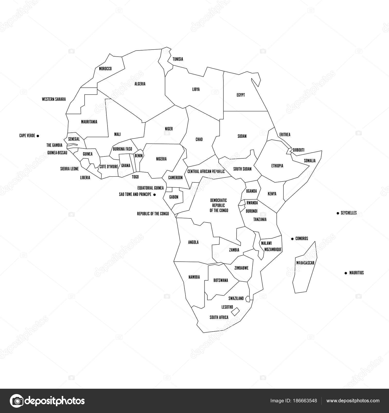アフリカの政治地図。簡略化された細い黒のワイヤーフレームの