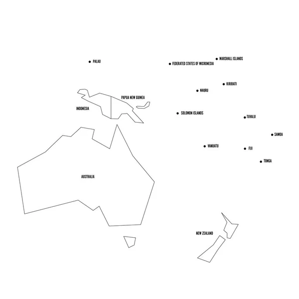 Politická mapa Austrálie a Oceánie. Zjednodušený tenký černý drátový obrys s s národními okraji a názvy zemí. Vektorová ilustrace — Stockový vektor