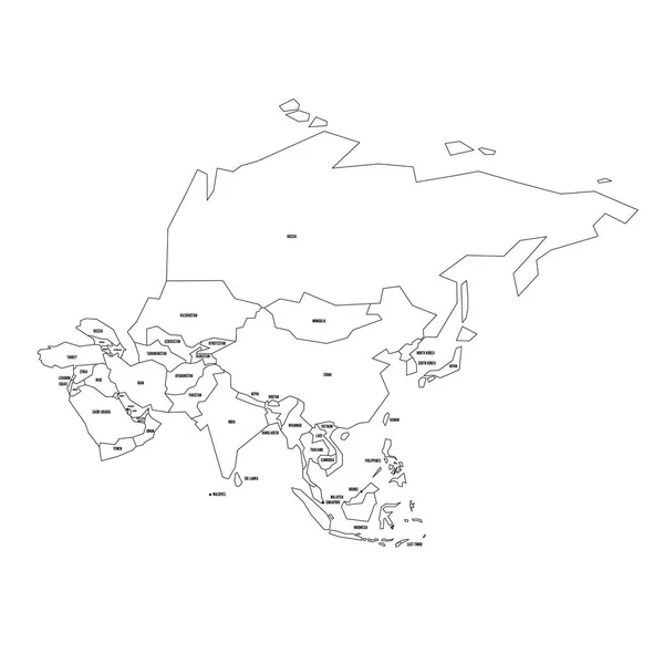 Политическая карта Азии. Упрощенная тонкая черная проводная рамка с национальными границами и ярлыками названий стран. Векторная иллюстрация — стоковый вектор