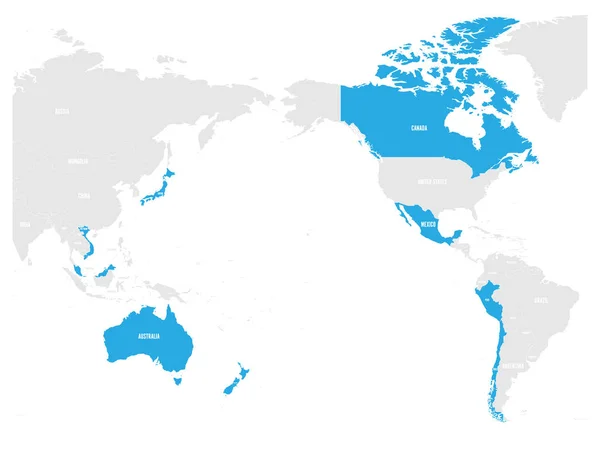Mapa do Acordo Global e Progressivo para a Parceria Trans-Pacífico, CPTPP ou TPP11. Blue destacou os estados membros. Ilustração vetorial —  Vetores de Stock