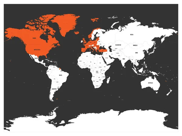 Organización del Tratado del Atlántico Norte, OTAN, países miembros destacados por el naranja en el mapa político mundial. 29 Estados miembros desde junio de 2017 — Archivo Imágenes Vectoriales