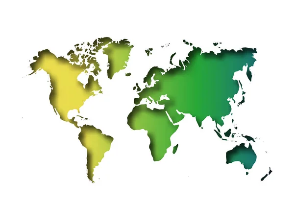Kaart van de wereld gesneden papier met Binnenschaduw geïsoleerd op groene achtergrond met kleurovergang. Vectorillustratie met 3d effect — Stockvector