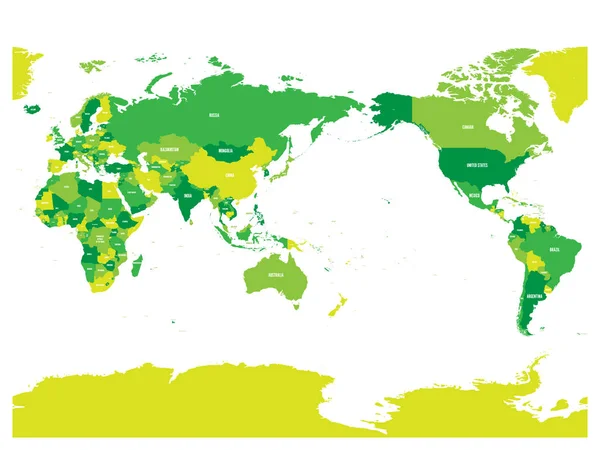 Mapa del mundo en cuatro tonos de verde sobre fondo blanco. Alto detalle Mapa político centrado en el Pacífico. Ilustración vectorial con trayectoria compuesta etiquetada de cada país — Vector de stock