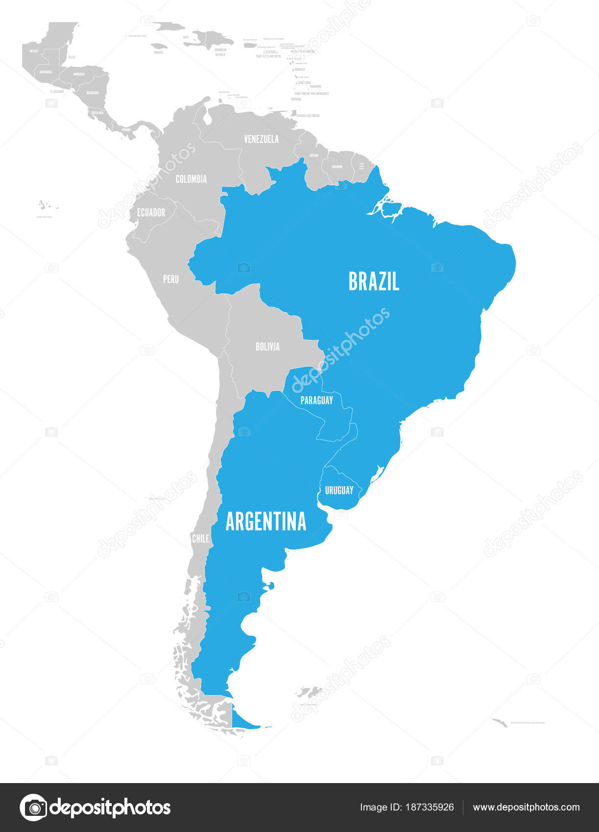 Map of MERCOSUR countires. South american trade association. Blue 