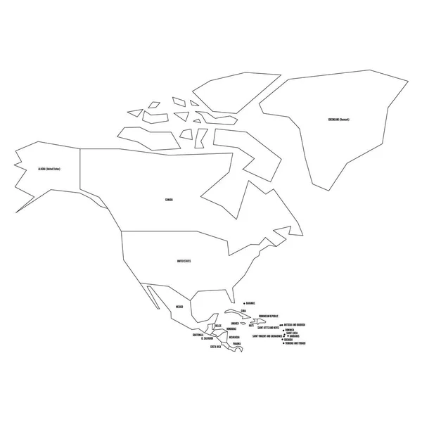Politická mapa Severní Ameriky. Zjednodušený tenký černý drátový obrys s s národními okraji a názvy zemí. Vektorová ilustrace — Stockový vektor