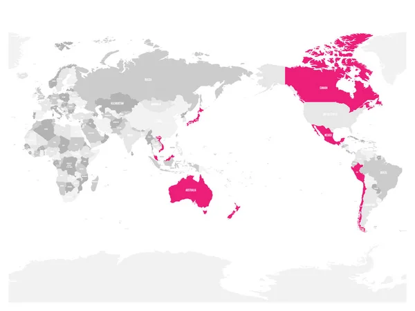 Mapa del Acuerdo Integral y Progresivo para la Asociación Transpacífico, CPTPP o TPP11. Pink destacó a los estados miembros. Ilustración vectorial — Vector de stock