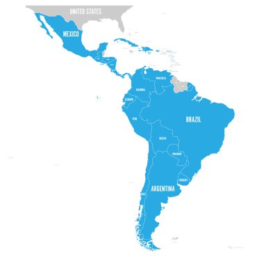 Political map of Latin America. Latin american states blue highlighted in the map of South America, Central America and Caribbean. Vector illustration clipart