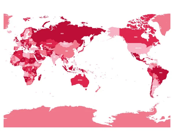 Mapa del mundo en cuatro tonos de granate sobre fondo blanco. Alto detalle Mapa político centrado en el Pacífico. Ilustración vectorial con trayectoria compuesta etiquetada de cada país — Vector de stock