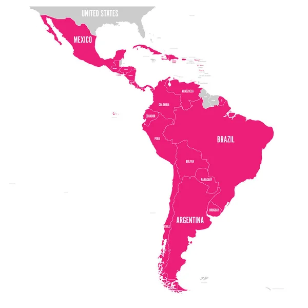 Политическая карта Латинской Америки. Латинские американские государства розовый выделен на карте Южной Америки, Центральной Америки и Карибского бассейна. Векторная иллюстрация — стоковый вектор