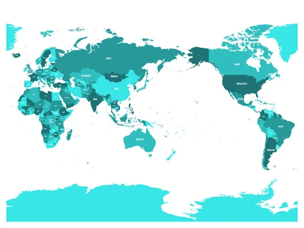 Mapa del mundo en cuatro tonos de azul turquesa sobre fondo blanco. Alto detalle Mapa político centrado en el Pacífico. Ilustración vectorial con trayectoria compuesta etiquetada de cada país — Vector de stock