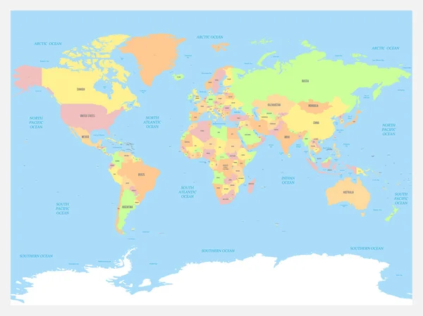 Atlas map świata. Kolorowe, polityczna mapa niebieski mórz i oceanów. Ilustracja wektorowa — Wektor stockowy