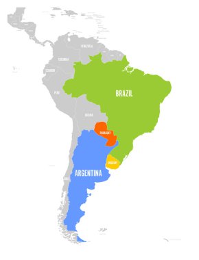 Map of MERCOSUR countires. South american trade association. Highlighted member states Brazil, Paraguay, Uruguay and Argetina. Since December 2016 clipart