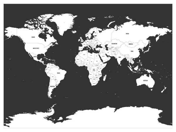 Mapa político do mundo. Terras brancas e mares cinzentos escuros. Ilustração vetorial — Vetor de Stock