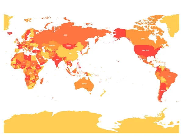 Mapa del mundo en cuatro tonos de naranja sobre fondo blanco. Alto detalle Mapa político centrado en el Pacífico. Ilustración vectorial con trayectoria compuesta etiquetada de cada país — Vector de stock
