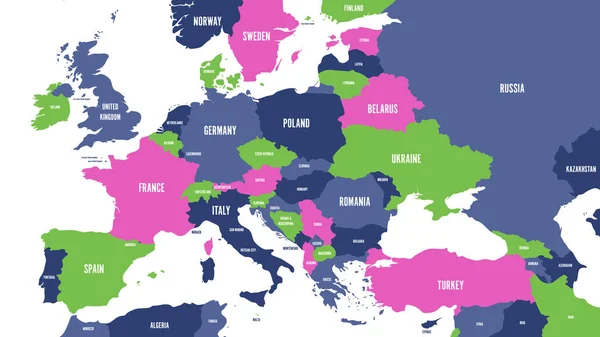 Политическая карта Европы континента в четырех цветах с белыми названиями страны и изолированы на белом фоне. Векторная иллюстрация — стоковый вектор