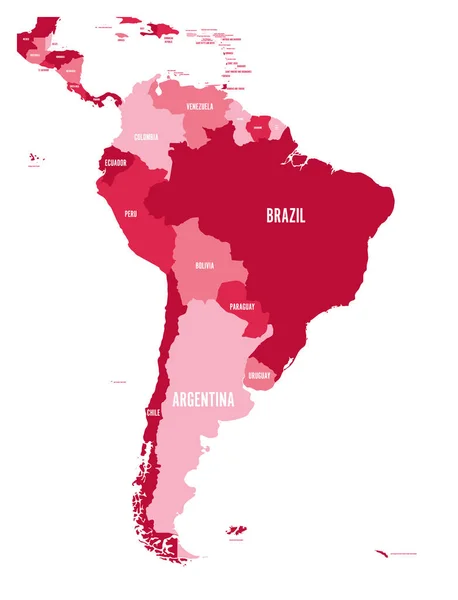 Mapa político de Sudamérica. Simple mapa vectorial plano con etiquetas de nombre de país en cuatro tonos de granate — Archivo Imágenes Vectoriales