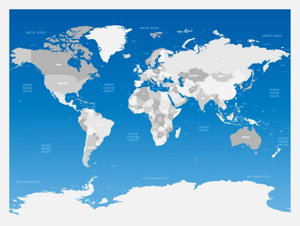 青のグラデーションの背景に灰色の政治世界地図を点灯します。ベクトル図 — ストックベクタ