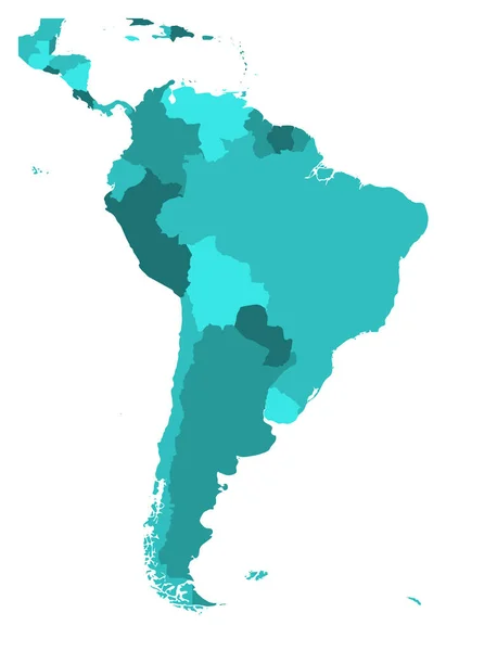 南アメリカの政治地図は。ターコイズ ブルーの 4 色のシンプルなフラット空白ベクトル マップ — ストックベクタ