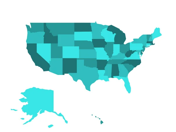 Prázdná mapa Spojených států amerických rozdělená do států ve čtyřech odstínech tyrkysově modré. Jednoduchá plochá vektorová ilustrace na bílém pozadí — Stockový vektor