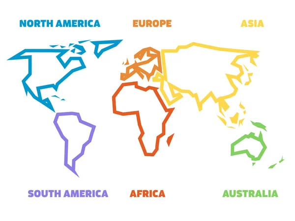Förenklad, tjock översikt över världskartan uppdelad på sex kontinenter. Enkel platt vektor illustration på vit bakgrund — Stock vektor