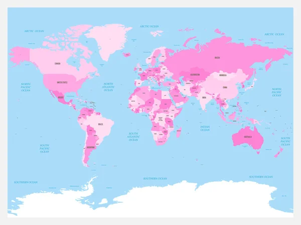 Mapa del mundo atlas. Mapa político de color rosa con mares y océanos azules. Ilustración vectorial — Vector de stock