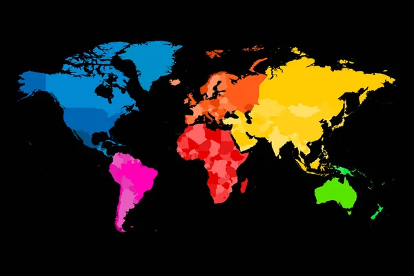 Peta Dunia Berwarna. Vektor peta politik dengan warna yang berbeda dari masing-masing benua - Stok Vektor
