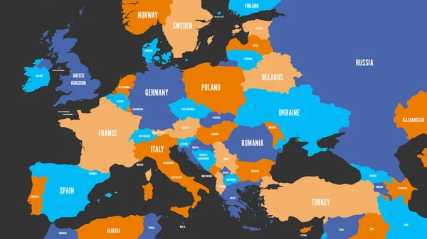 Politická mapa Evropy kontinentu ve čtyřech barvách s bílým země jmenovek. Vektorové ilustrace — Stockový vektor