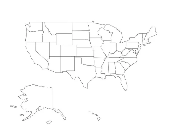 Mapa del contorno del vector negro en blanco de USA, Estados Unidos de América — Vector de stock