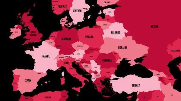 Mapa político de Europa y la región del Cáucaso en tonos granate sobre fondo oscuro. Ilustración simple vector plano — Vector de stock