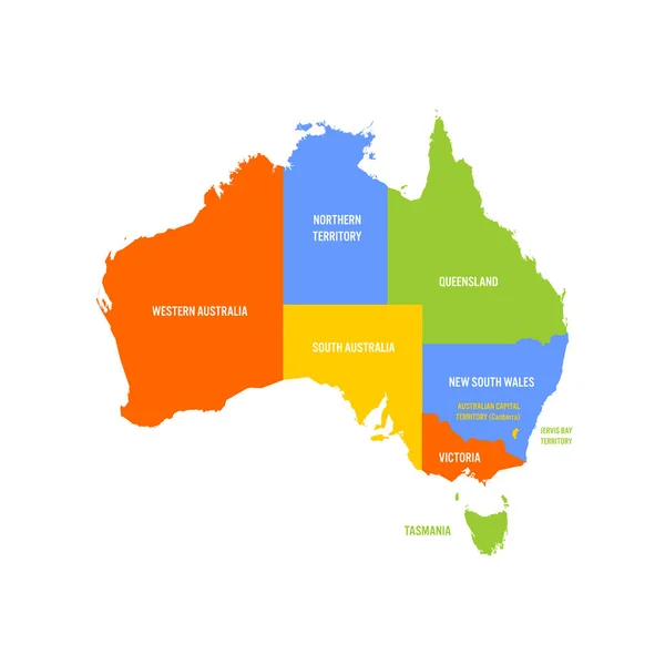 Vereinfachte Karte Australiens, aufgeteilt in Staaten und Territorien. mehrfarbige flache Vektorkarte — Stockvektor