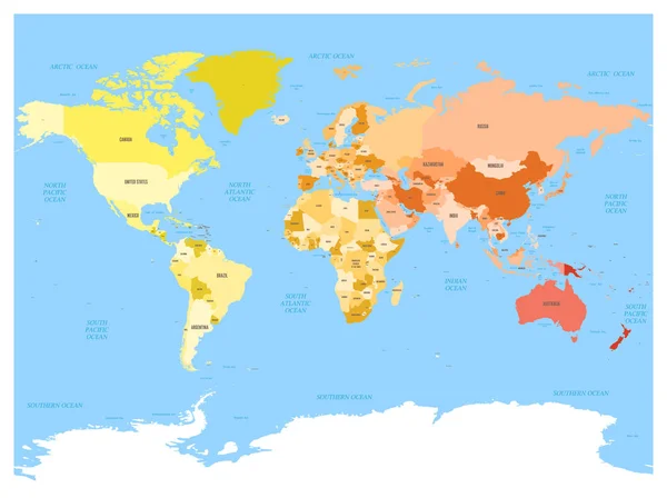 Атлас карты мира. Цветная политическая карта с голубыми морями и океанами. Векторная иллюстрация — стоковый вектор