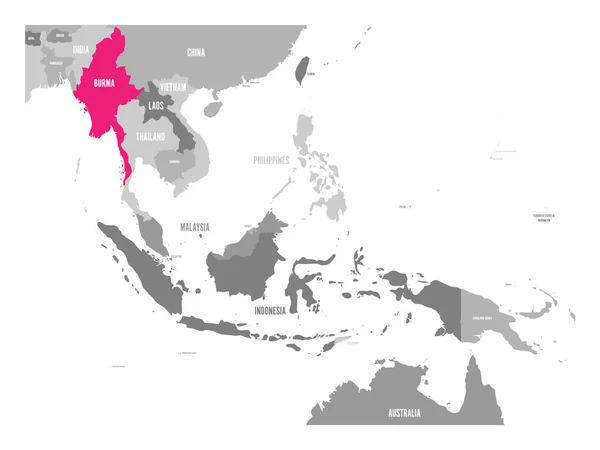 Wektor Mapa Birma lub Myanmar. Różowy wyróżnione w Azji Południowo-Wschodniej — Wektor stockowy