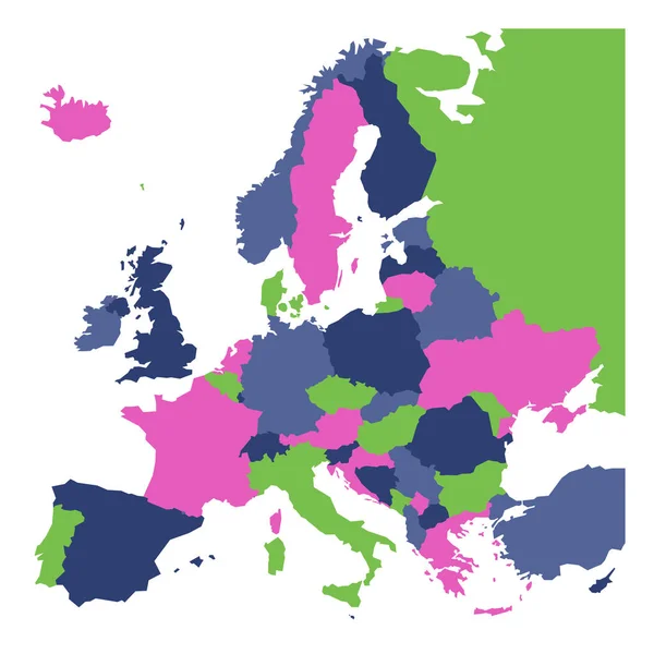 Mapa político de Europa continente en cuatro colores con etiquetas de nombre de país blanco y aislado sobre fondo blanco. Ilustración vectorial — Vector de stock