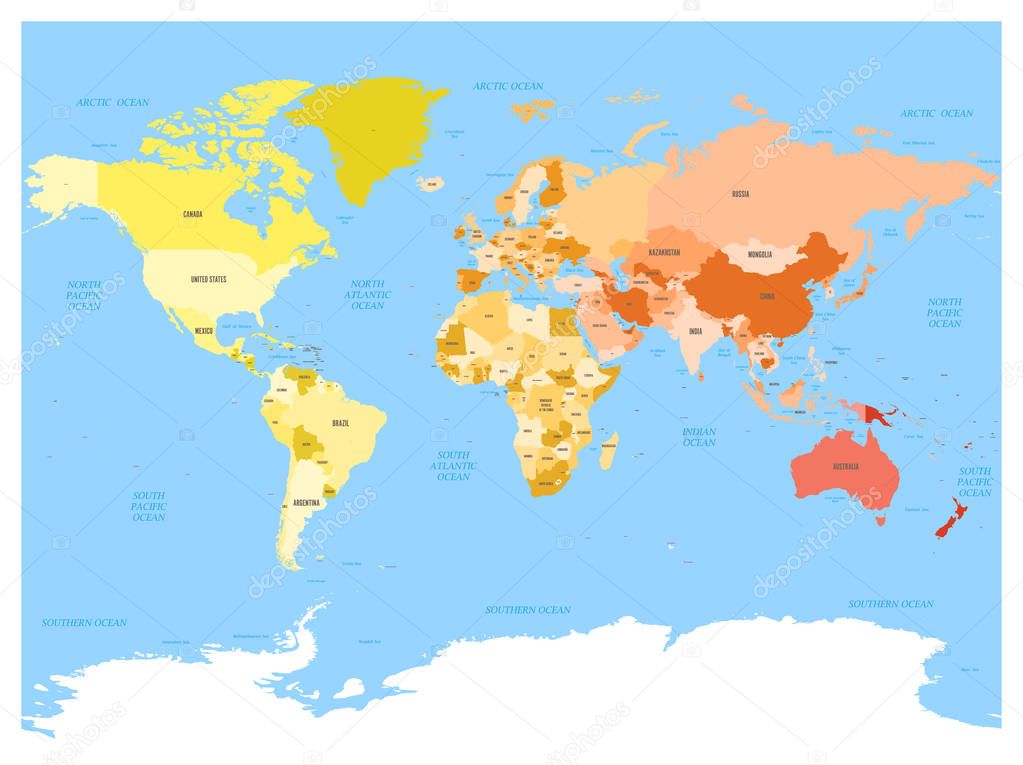 주권 국가 그리고 큰 종속 영토의 이름으로 세계 지도. 파란색 배경에 단순화 된 여러 벡터 지도 — 스톡 벡터 © pyty