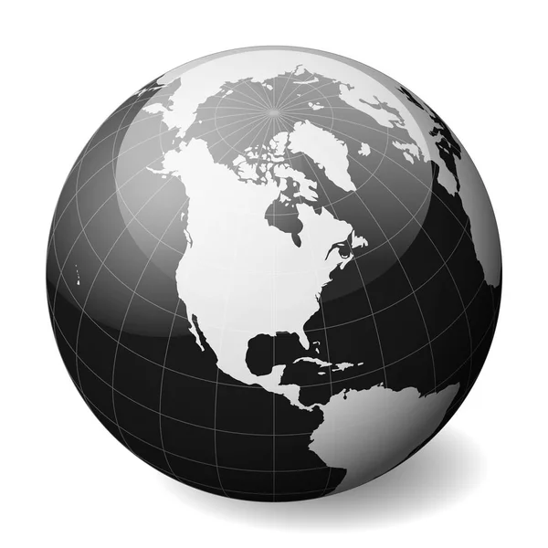 Globo de la Tierra Negra centrado en América del Norte. Con delgados meridianos blancos y paralelos. Ilustración vectorial esfera brillante 3D — Vector de stock