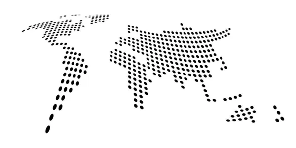 Gestippelde kaart van wereld. Zijaanzicht vervorming. Zwarte vector stippen op witte achtergrond — Stockvector