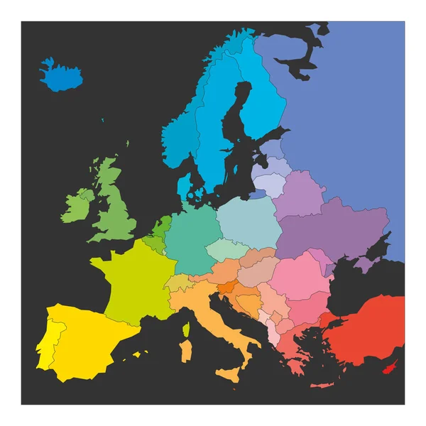 Carte de l'Europe en couleurs du spectre arc-en-ciel. Avec les noms des pays européens — Image vectorielle