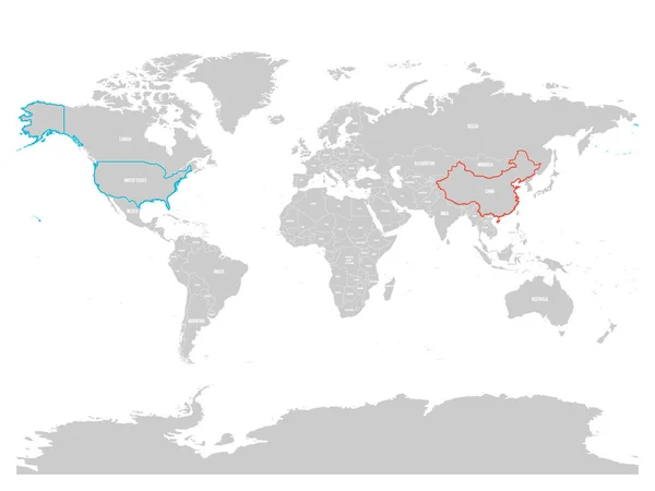 Estados Unidos e China destacaram no mapa político do mundo. Ilustração vetorial — Vetor de Stock