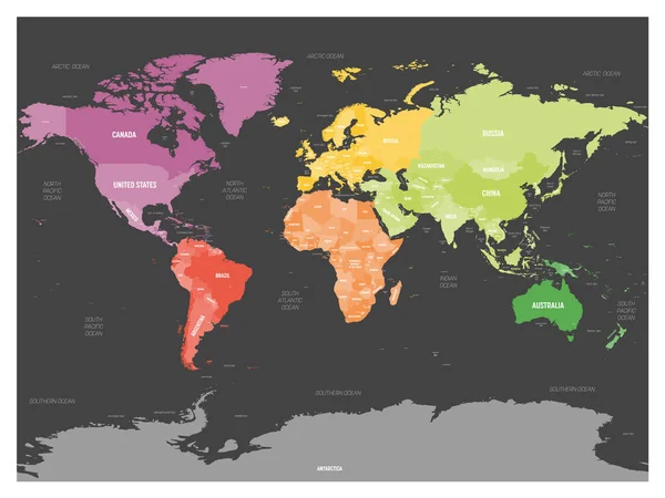 Bunte politische Weltkarte, aufgeteilt in sechs Kontinente auf dunkelgrauem Hintergrund. mit Ländern, Hauptstädten, Meeren und Ozeanen. Vektorillustration — Stockvektor