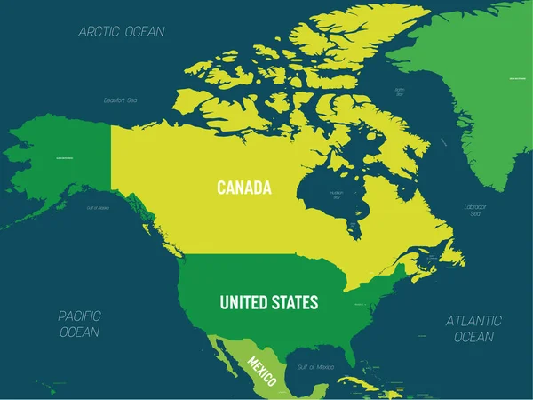 Mapa da América do Norte - tonalidade verde colorida sobre fundo escuro. Mapa político detalhado Continente norte-americano com nomes de países, capitais, oceanos e mares rotulados —  Vetores de Stock
