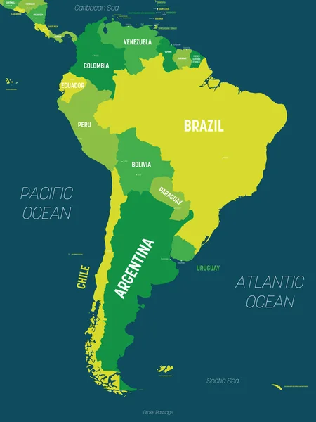 Peta Amerika Selatan warna hijau yang diwarnai pada latar belakang gelap. Peta politik tinggi rinci benua Amerika Selatan dengan negara, modal, laut dan nama laut pelabelan - Stok Vektor