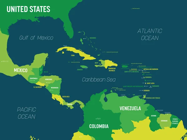 Mapa de Centroamérica - tonalidad verde sobre fondo oscuro. Mapa político detallado de la región de Centroamérica y el Caribe con nombres de países, capitales, océanos y mares etiquetados — Archivo Imágenes Vectoriales