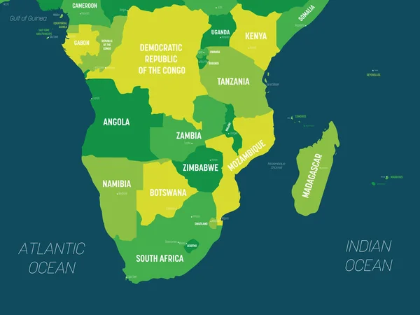 Mapa Jižní Afriky - zelený odstín na tmavém pozadí. Vysoce podrobná politická mapa jihoafrického regionu s označením země, hlavního města, oceánu a moří — Stockový vektor