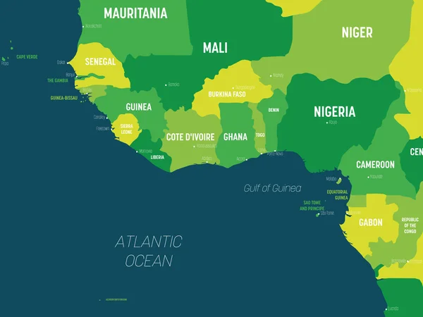 Mapa západní Afriky - zelená barva na tmavém pozadí. Vysoce podrobná politická mapa západní Afriky a Guinejského zálivu s označením země, hlavního města, oceánu a moří — Stockový vektor