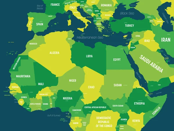 Mapa del norte de África - tonalidad verde sobre fondo oscuro. Mapa político detallado de Rgion norte de África con nombres de países, capitales, océanos y mares etiquetados — Archivo Imágenes Vectoriales