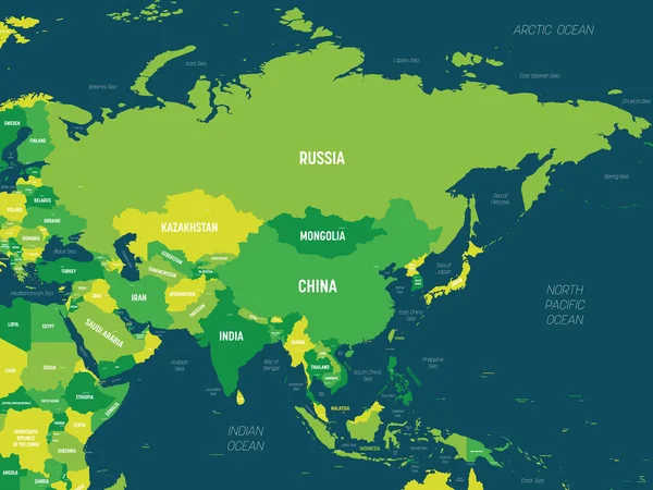 Asia - green hue colored on dark background. High detailed political map of asian continent with country, capital, ocean and sea names labeling — 스톡 벡터