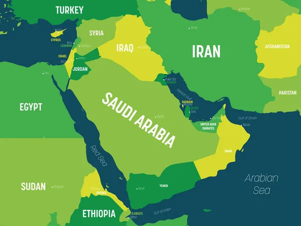 Ближневосточная карта - зеленый цвет на темном фоне. Высокая детальная политическая карта региона Ближнего Востока и Аравийского полуострова с маркировкой названий стран, столиц, океанов и морей — стоковый вектор