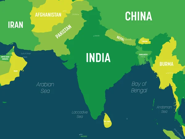 South Asia map - green hue colored on dark background. High detailed political map of southern asian region and Indian subcontinent with country, capital, ocean and sea names labeling — 스톡 벡터