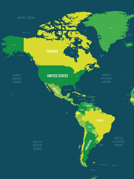 Mapa de las Américas - tonalidad verde sobre fondo oscuro. Mapa político detallado de América del Norte y del Sur con nombres de países, capitales, océanos y mares etiquetados — Vector de stock