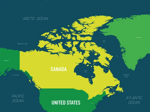 Канадський мапа - зелений відтінок на темному тлі. Висока детальна політична карта Канади та сусідніх країн з країною, столицею, океаном та морськими іменами. — стоковий вектор